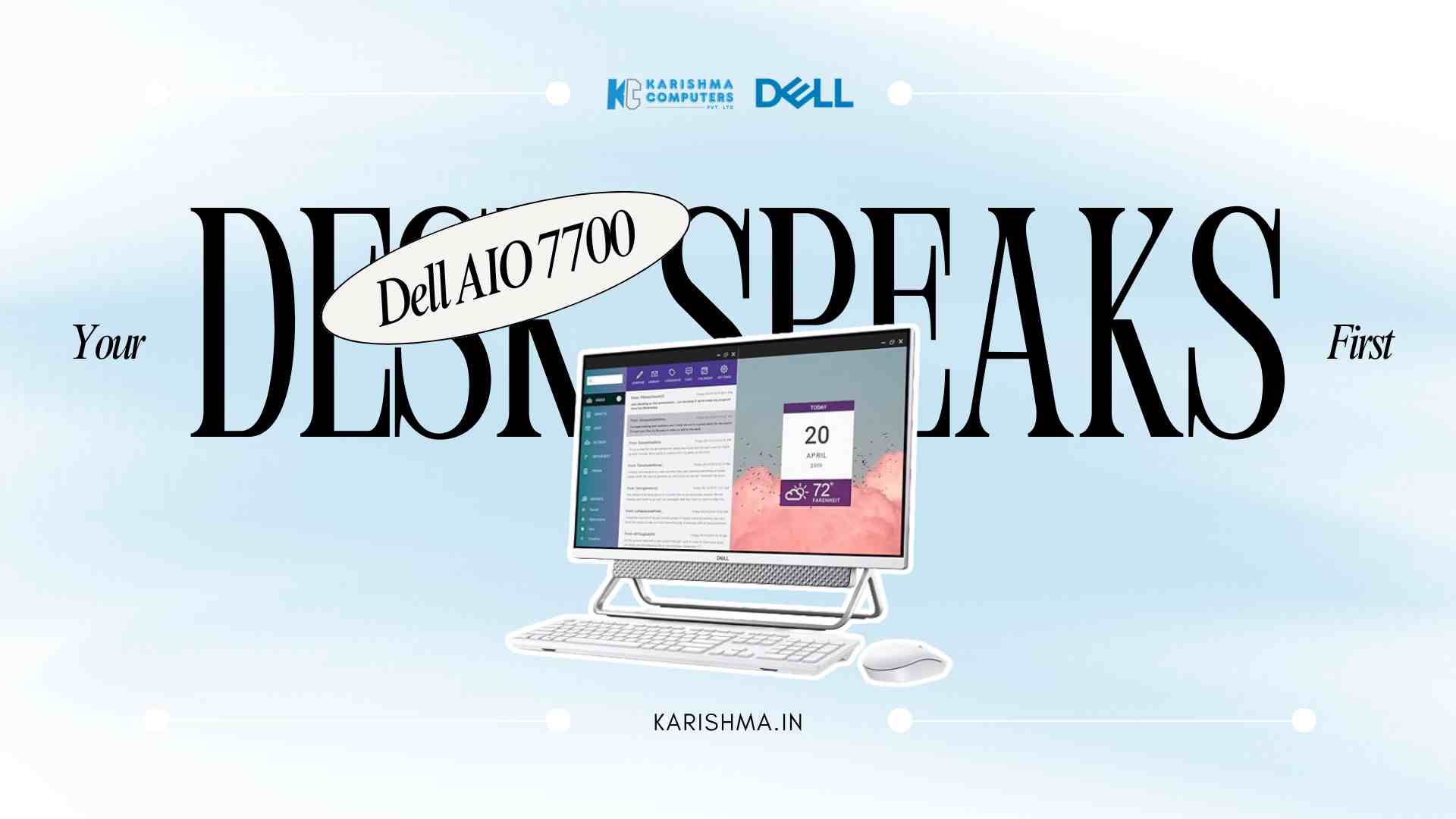 Dell Desktop AIO 7700 Touch on a clean professional desk with wireless keyboard and mouse in a Delhi NCR home office