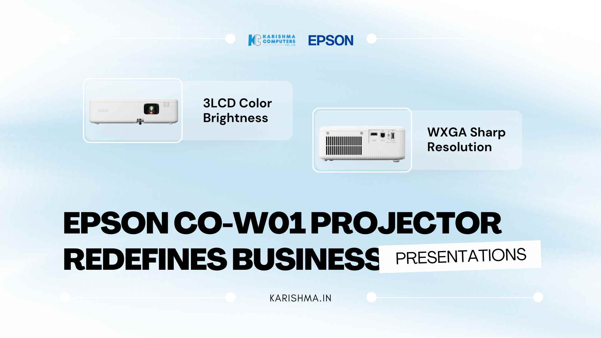 Epson CO-W01 WXGA projector displaying a business presentation in a mid-size conference room in Delhi NCR