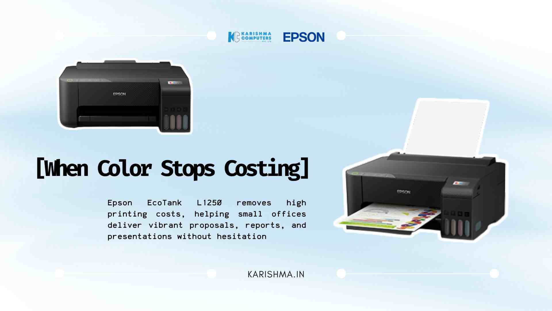 Epson EcoTank L1250 color printer on a small professional office desk in Delhi NCR with ultra-high-capacity ink bottles