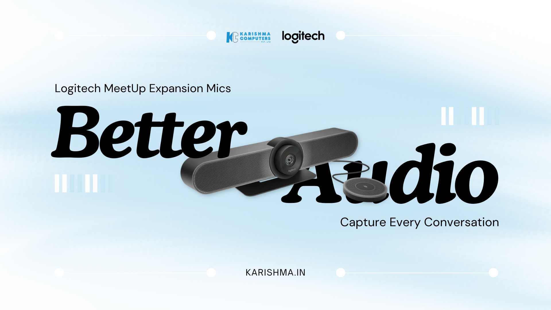 Logitech MeetUp Expansion Mics placed on a conference table in a mid-size meeting room for hybrid collaboration