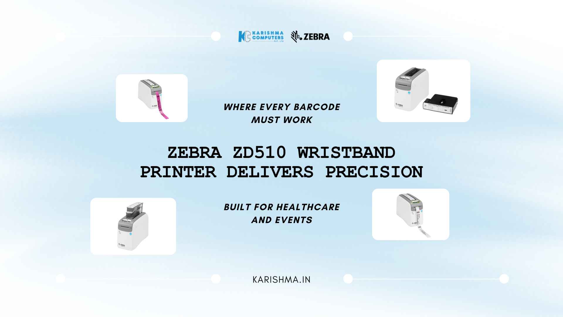 Zebra ZD510 wristband printer printing patient identification wristbands at a hospital admissions desk