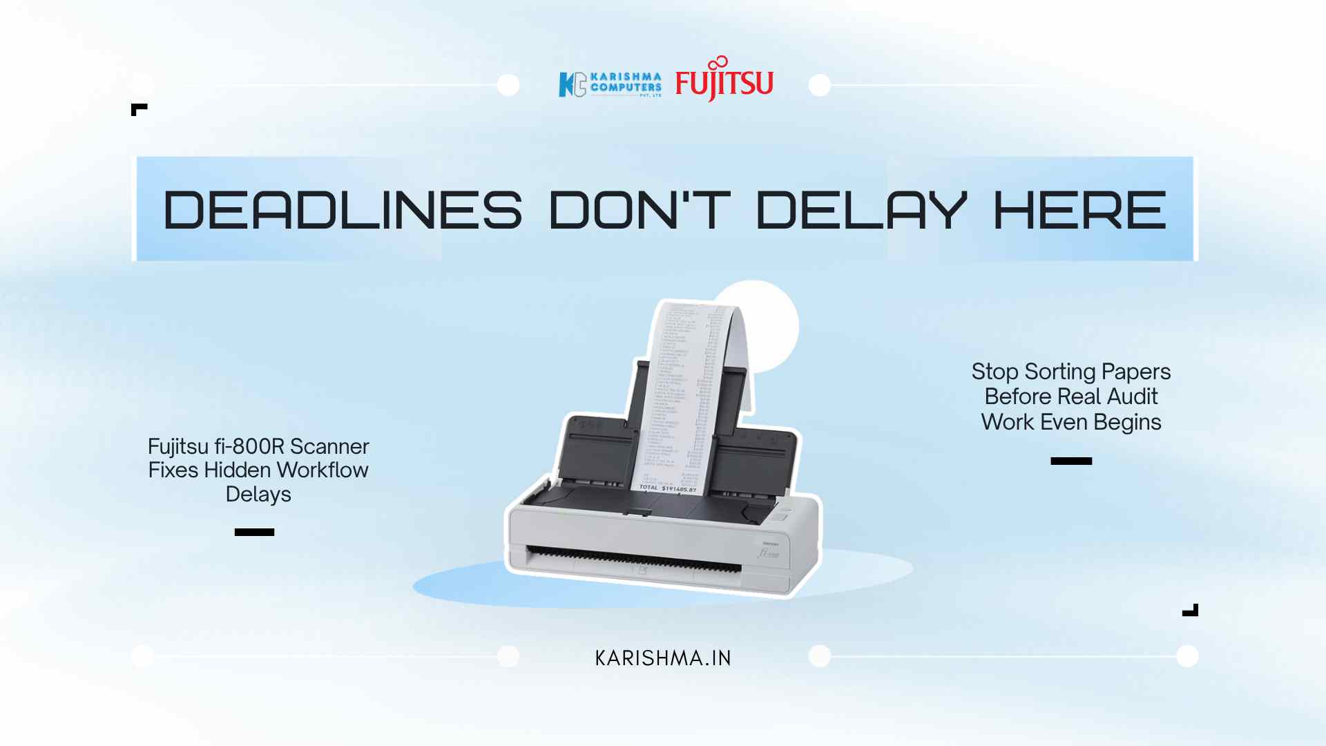 Fujitsu fi-800R scanner placed on a finance executive desk in a Connaught Place chamber
