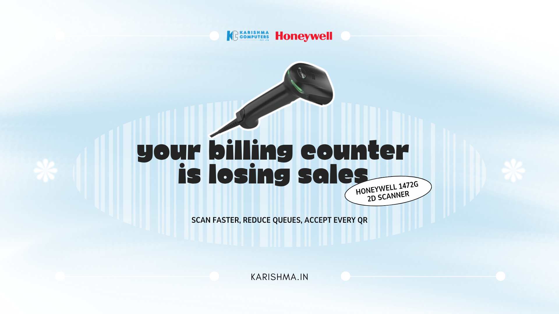 Honeywell 1472g 2D scanner in use at a Nehru Place electronics retail billing counter