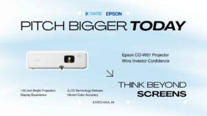Epson CO-W01 projector set up in a Greater Noida startup pitch room with a client deck on screen