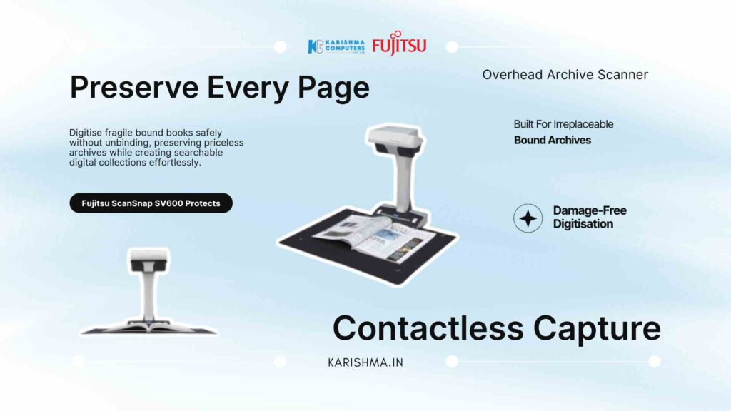 Fujitsu ScanSnap SV600 overhead scanner digitising a bound law volume at a Daryaganj publisher's reference room