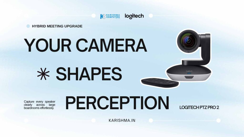 Logitech PTZ PRO 2 camera mounted in a Cyber City Gurgaon boardroom hybrid meeting setup