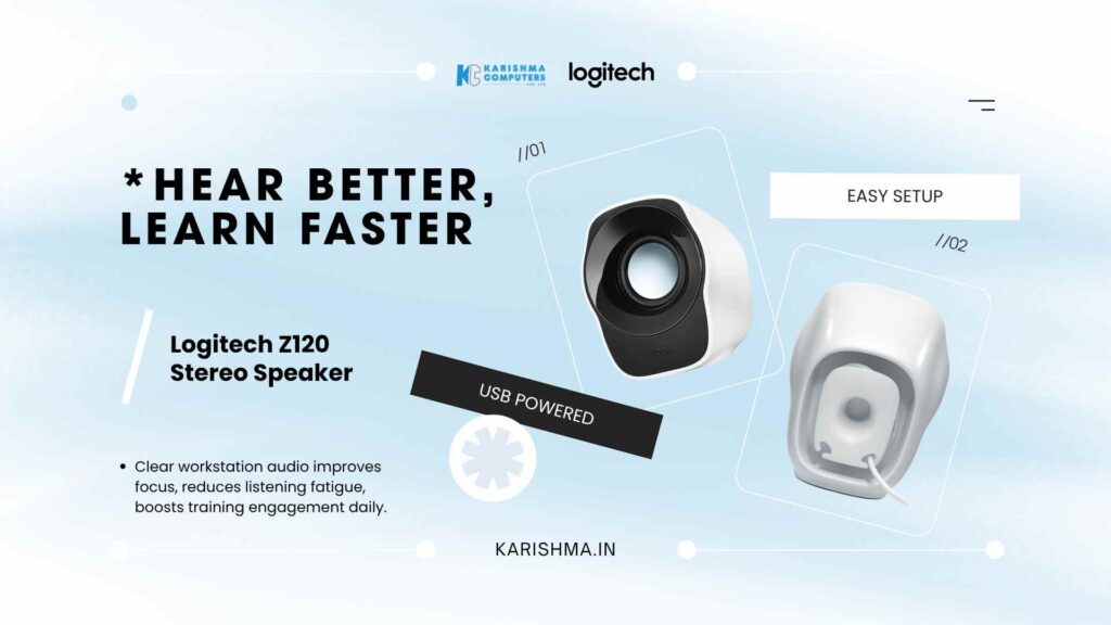 Logitech Z120 stereo speaker connected to a desktop monitor at a Noida training facility workstation
