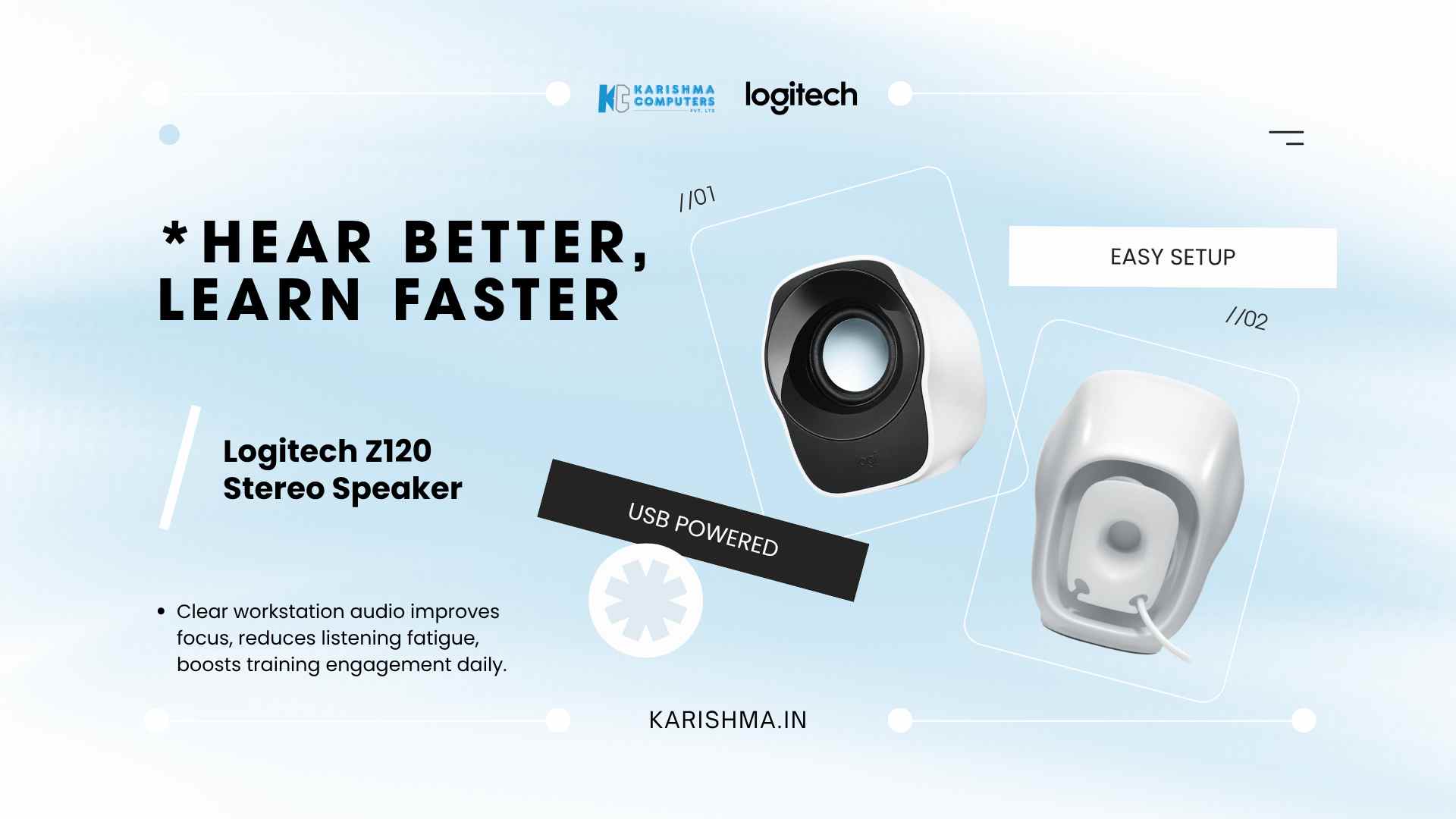 Logitech Z120 stereo speaker connected to a desktop monitor at a Noida training facility workstation