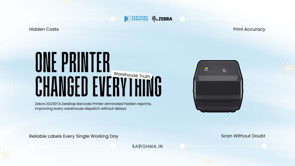 Zebra ZD230TA 203 dpi desktop barcode printer on a Delhi NCR warehouse dispatch counter