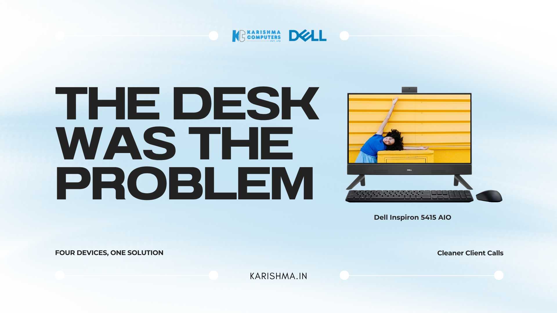 Dell Inspiron 5415 AIO set up on a client-facing desk in a Delhi NCR studio