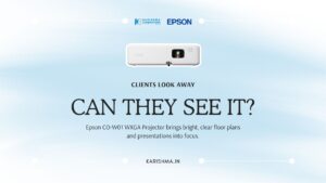 Epson CO-W01 WXGA projector displaying a floor plan in a daylit Delhi NCR sales lounge.