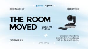 Logitech PTZ Pro 2 camera set up in a hybrid training room in Delhi NCR