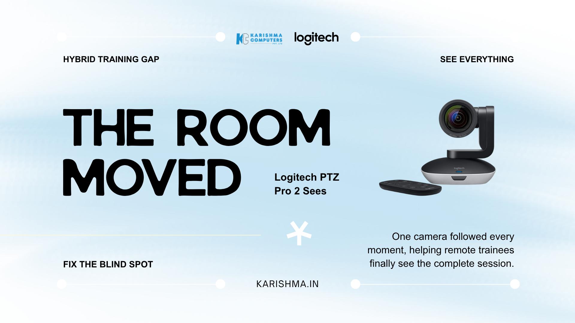Logitech PTZ Pro 2 camera set up in a hybrid training room in Delhi NCR