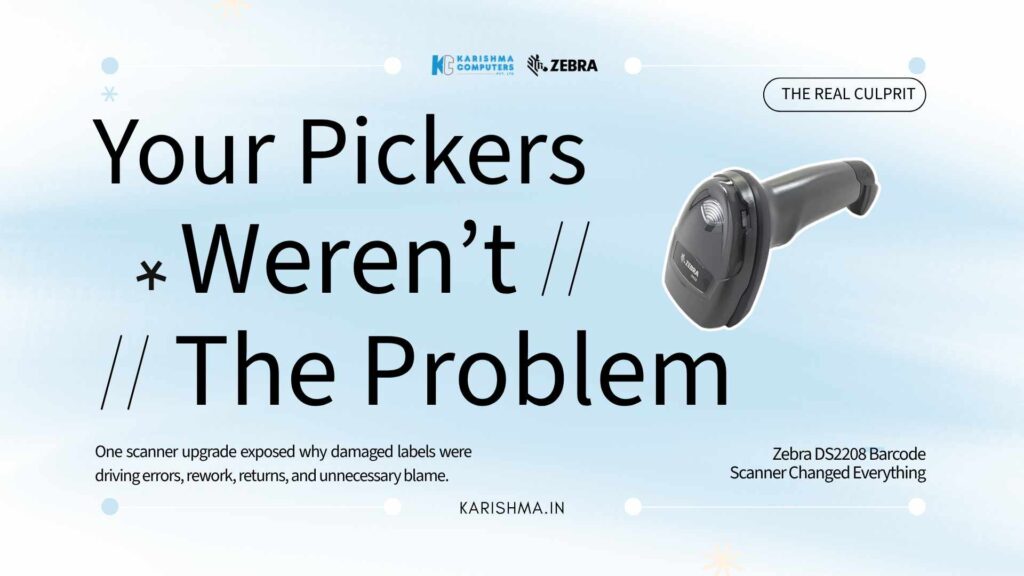 Zebra DS2208-SR7U2100AZK barcode scanner in use at a Delhi NCR warehouse picking station.