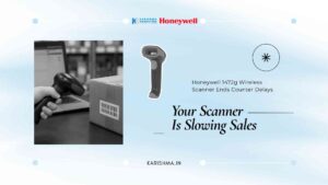 Honeywell 1472g wireless scanner in use at a retail billing counter in Delhi NCR