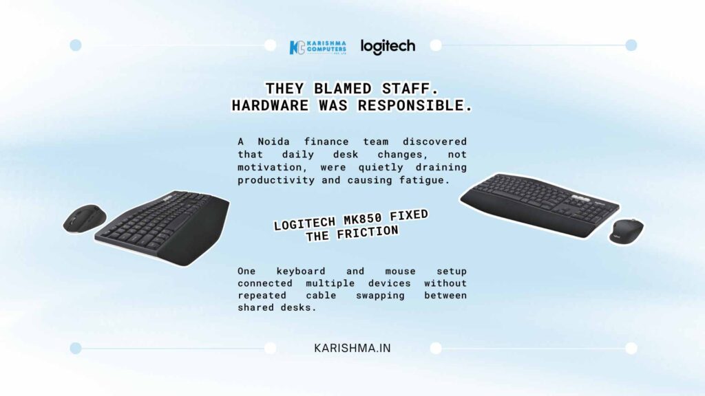 Logitech MK850 wireless keyboard and mouse combo on a hot-desking office desk